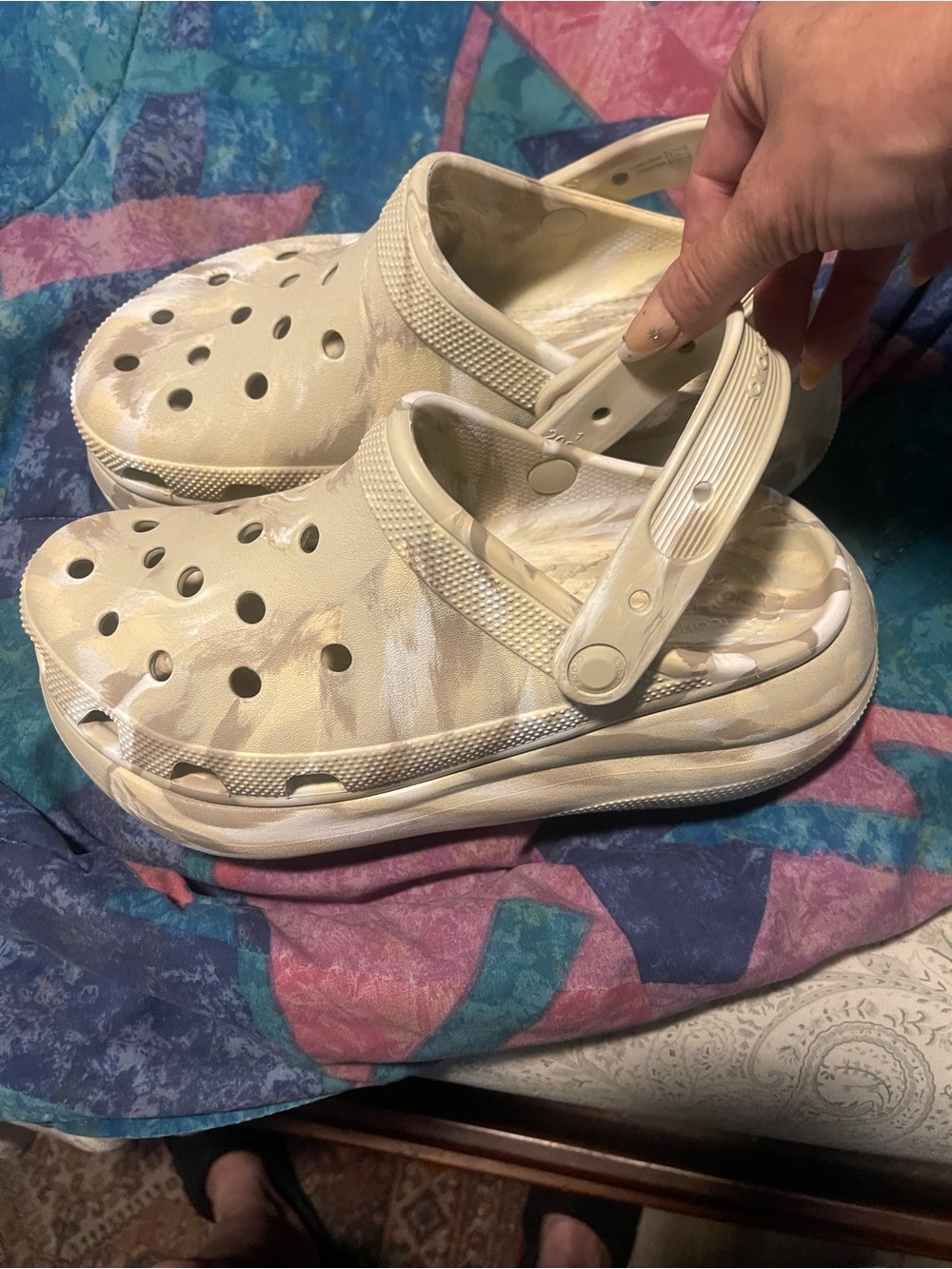 CROCS Platform Clogs in Cream and White Tie-Dye